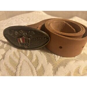 Vintage American Eagle Belt Buckle Light Tan Leather Belt 34” Size M USA Men